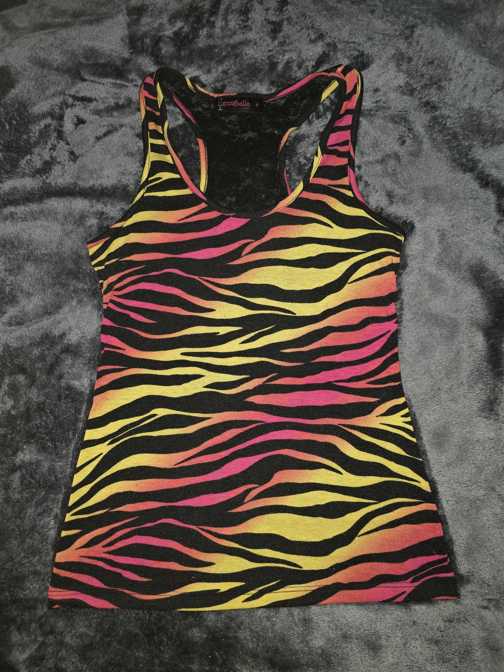 Annabelle Neon Pink and Yellow Zebra Lace Racerback Tank